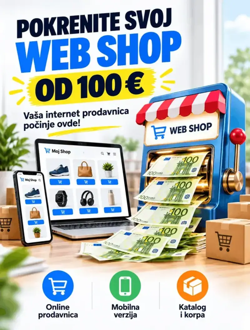 Izrada internet prodavnice od 100 evra, prikaz web shopa na mobilnom telefonu i računaru