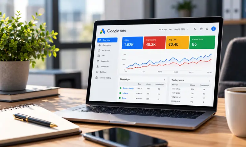 Analiza rezultata Google Ads kampanje na laptopu