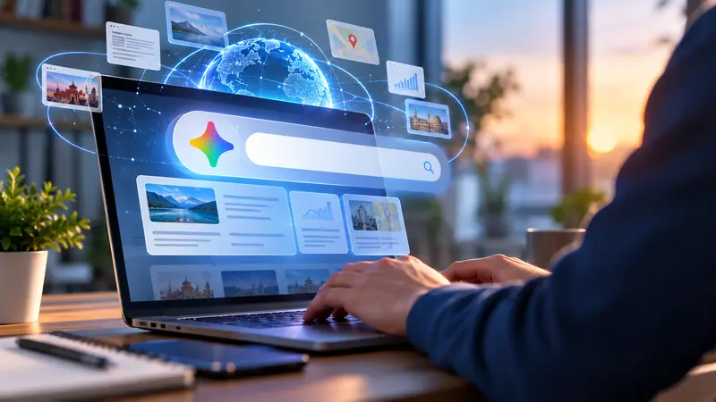 Google AI pretraga na laptopu i digitalni rezultati pretraživanja